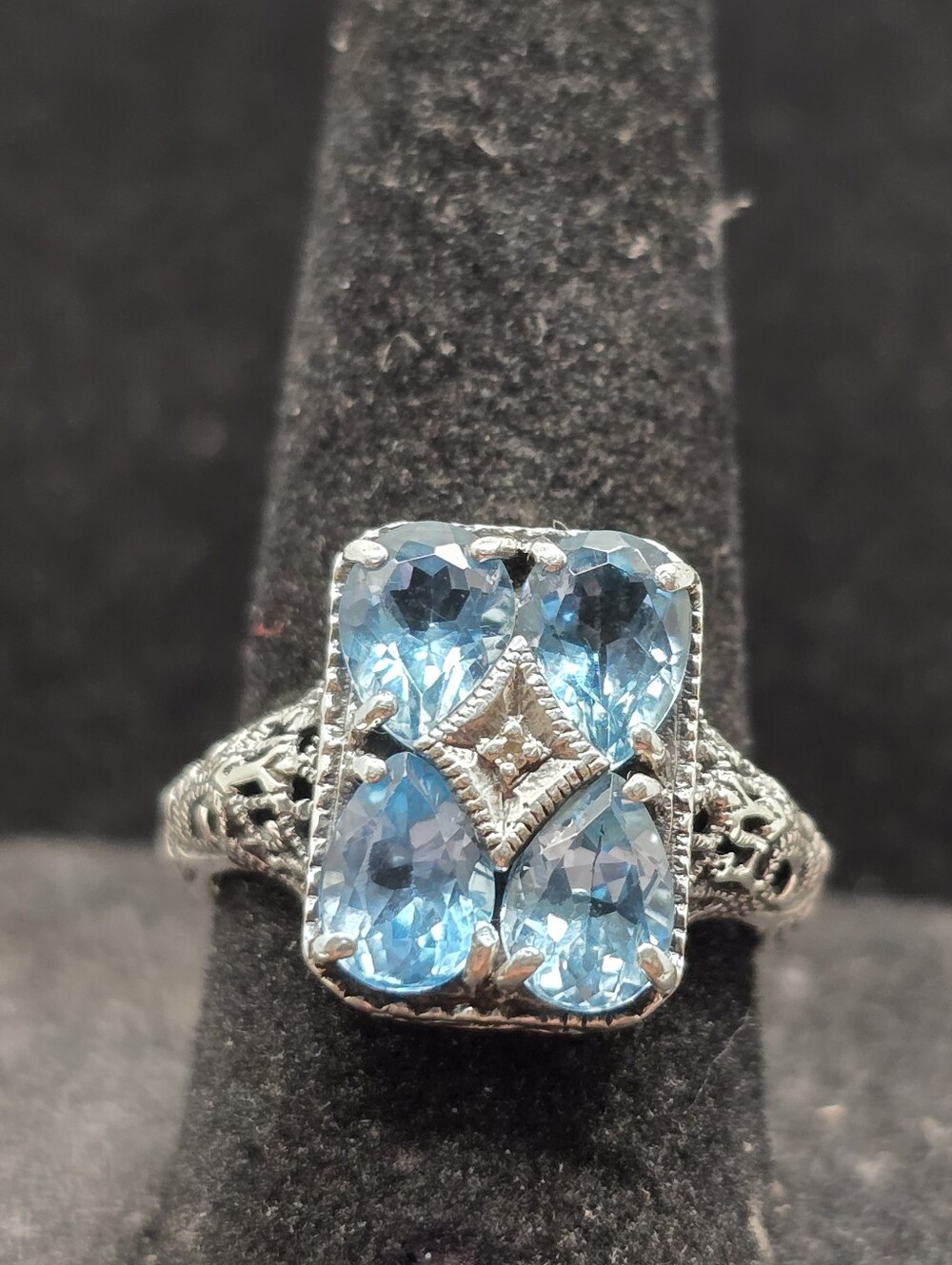 Vtg Filigree Blue Topaz & Diamond Sterling Silver Ring 1980s Retro Deco Design
